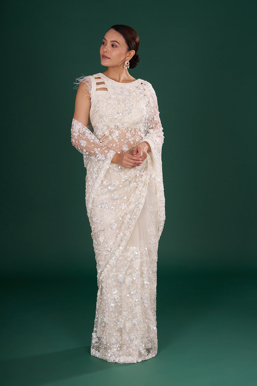 Off-White Net Saree with Cutdana & Sequin Embroidery
