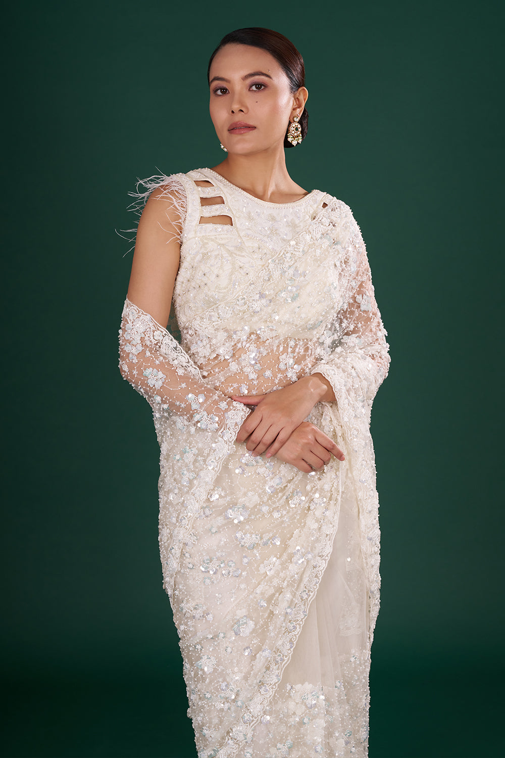 Off-White Net Saree with Cutdana & Sequin Embroidery