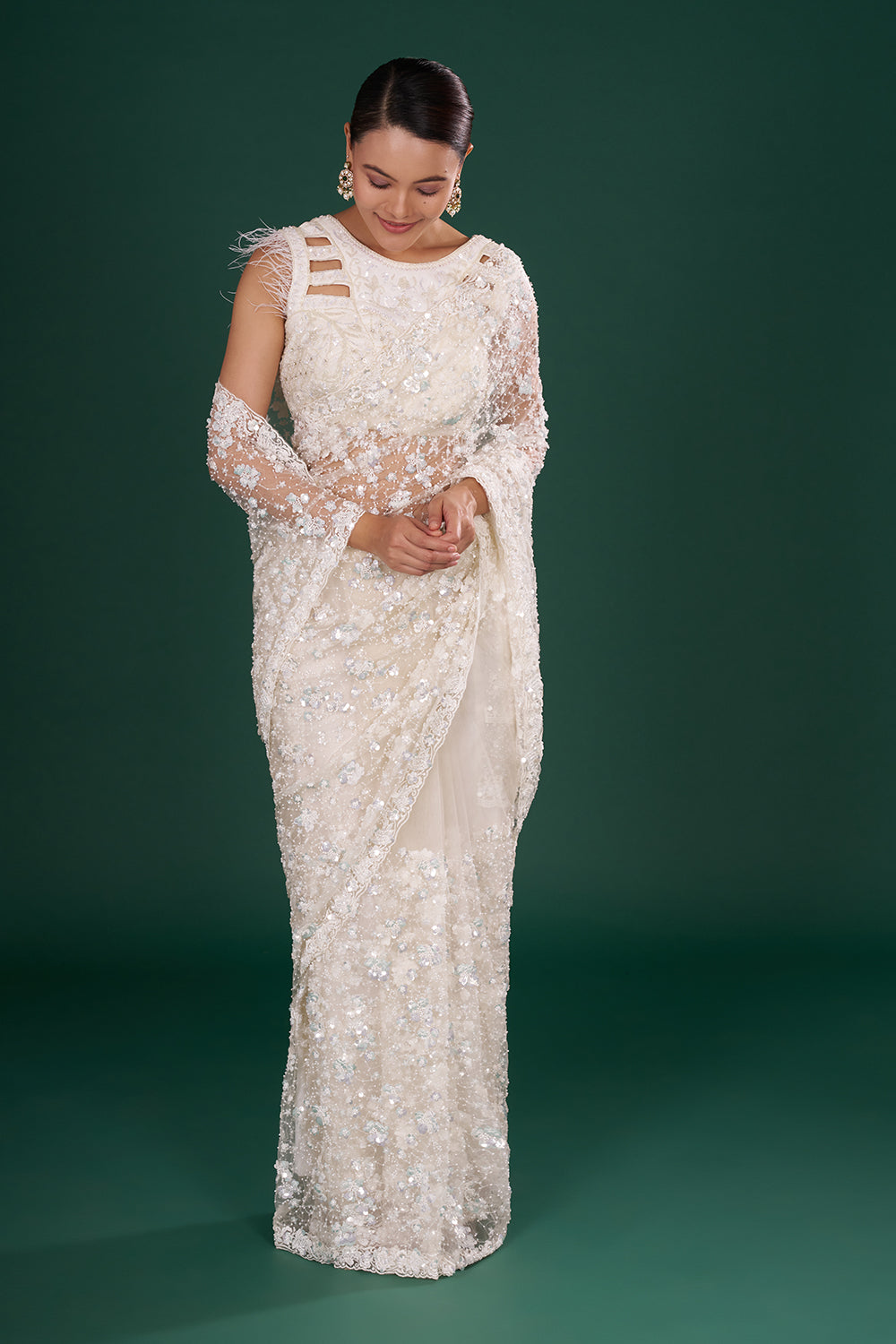 Off-White Net Saree with Cutdana & Sequin Embroidery