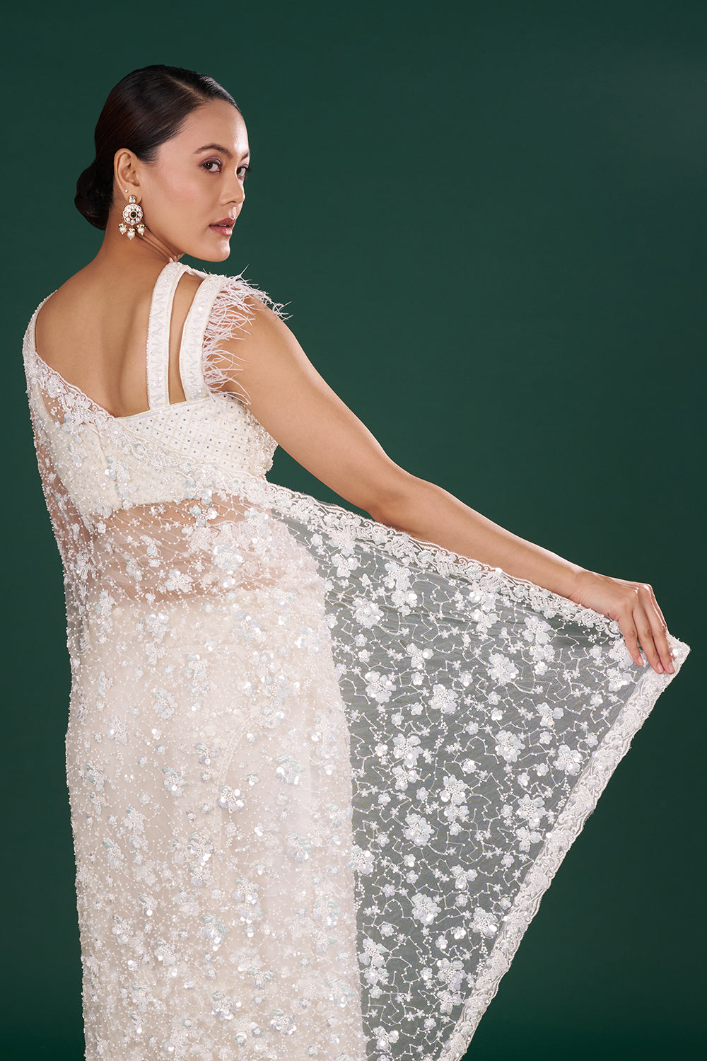 Off-White Net Saree with Cutdana & Sequin Embroidery