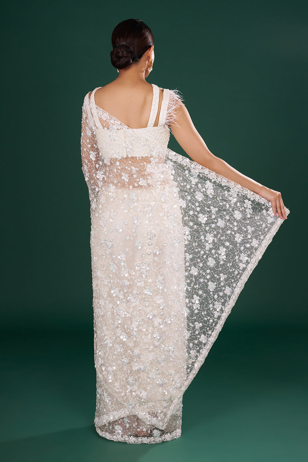 Off-White Net Saree with Cutdana & Sequin Embroidery