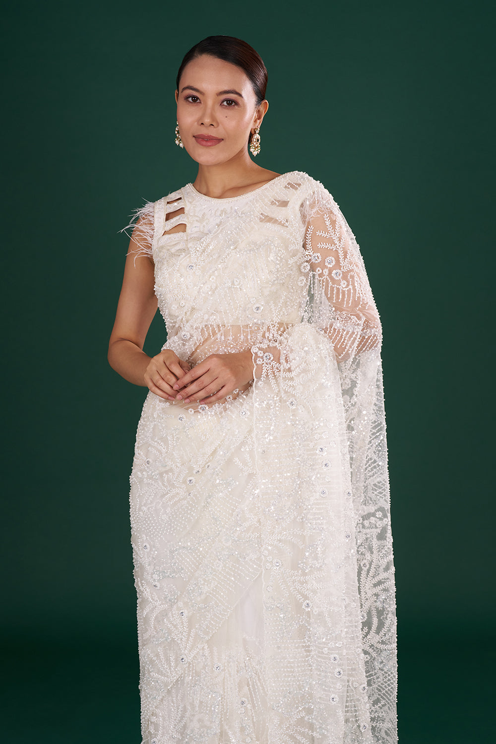 Off-White Net Saree in Abstract Pattern with Cutdana Embroidery