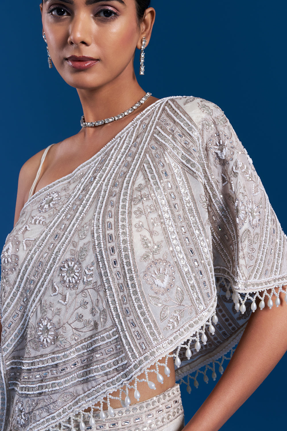 Off-White One-Shoulder Cape Palazzo Set with Cutdana Work