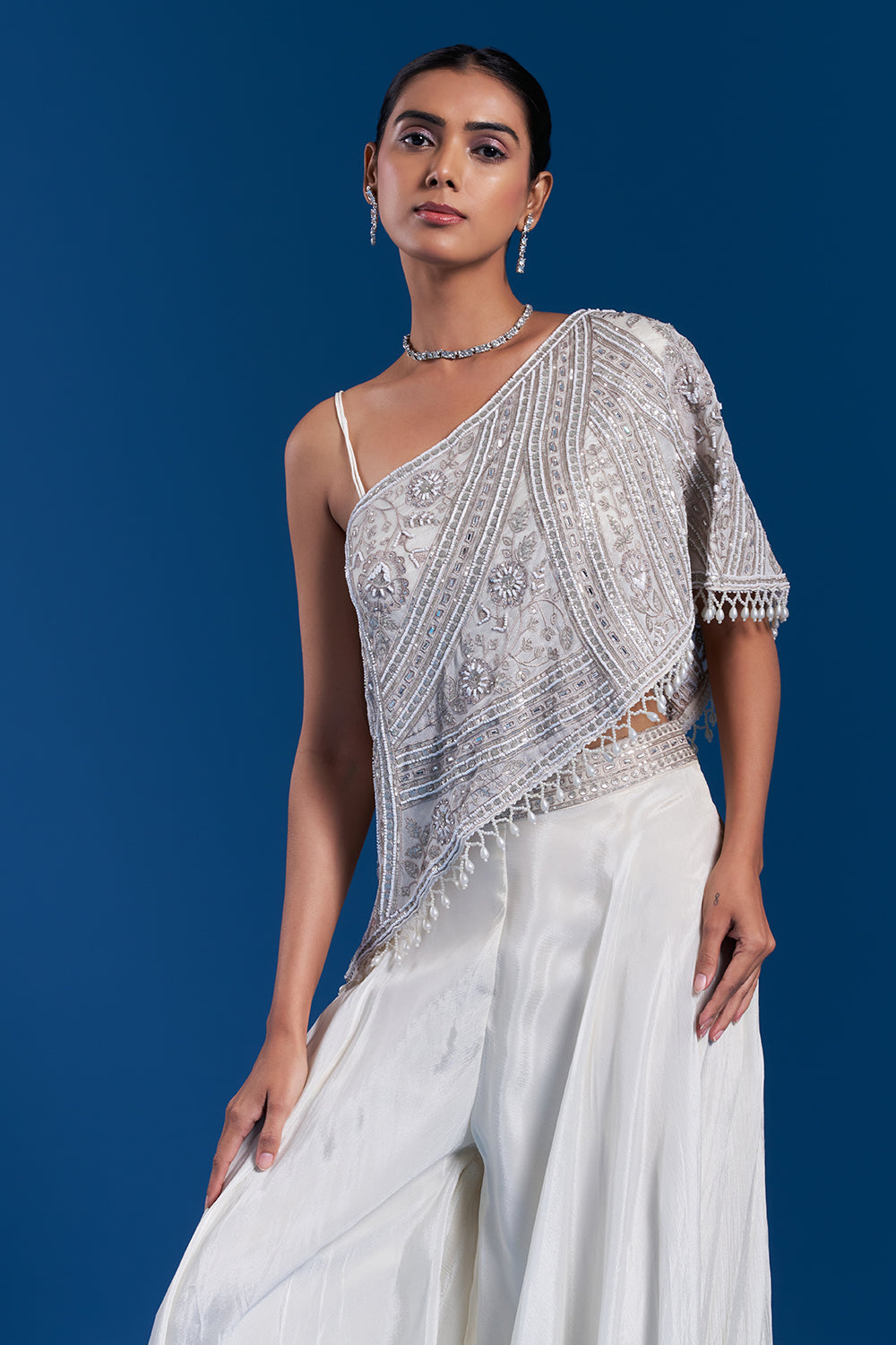 Off-White One-Shoulder Cape Palazzo Set with Cutdana Work