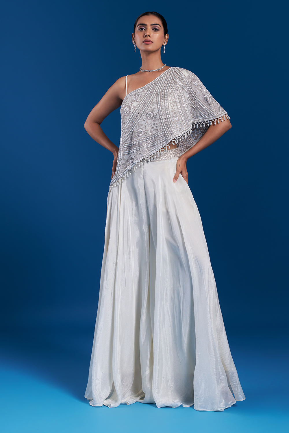 Off-White One-Shoulder Cape Palazzo Set with Cutdana Work