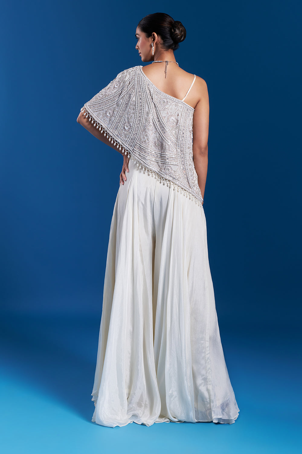 Off-White One-Shoulder Cape Palazzo Set with Cutdana Work