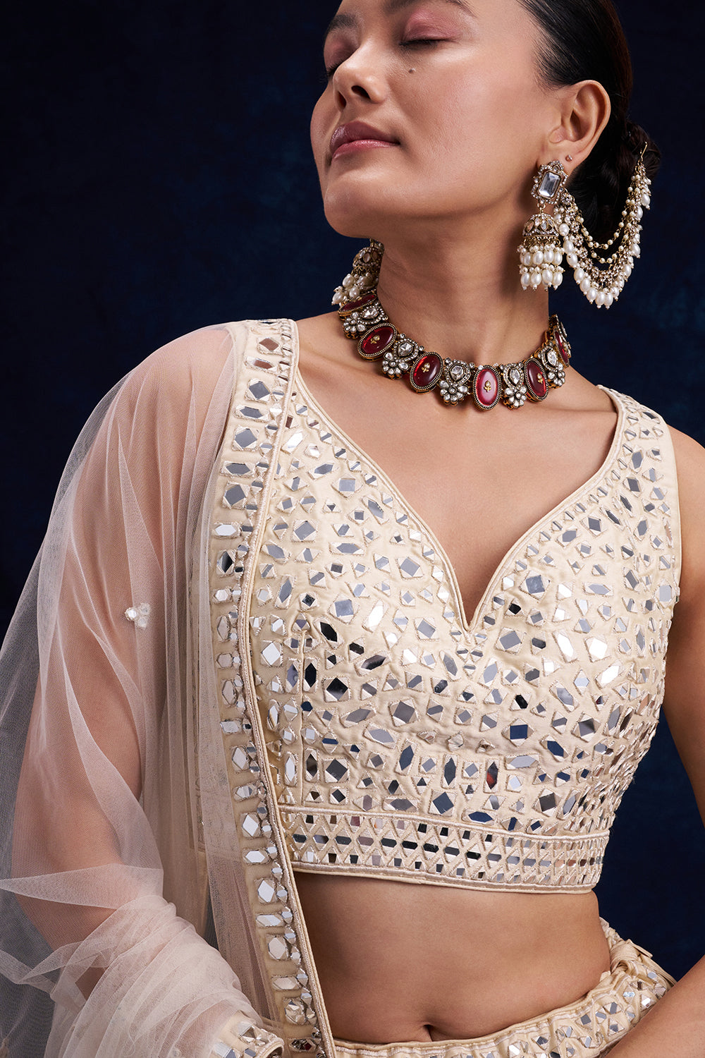 Off-White Raw Silk Bridal Lehenga with Mirror and Resham Work