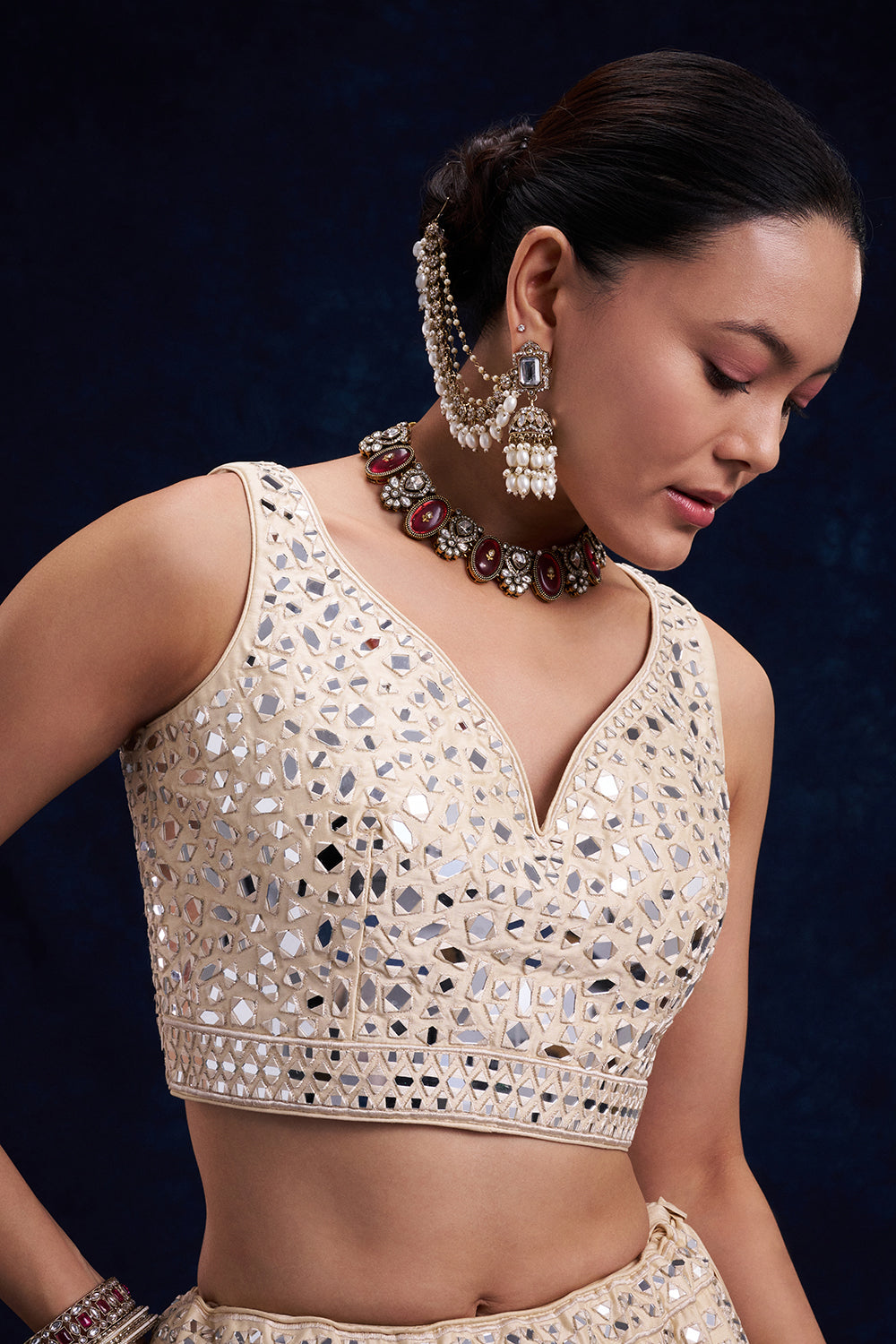 Off-White Raw Silk Bridal Lehenga with Mirror and Resham Work