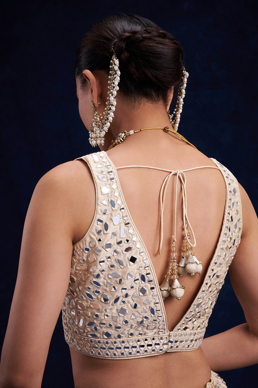 Off-White Raw Silk Bridal Lehenga with Mirror and Resham Work