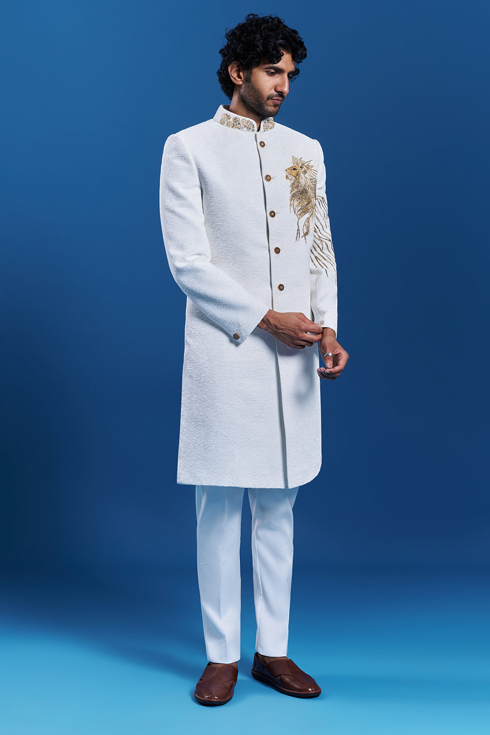 Off-White Satin Lion Embroidered Sherwani Set