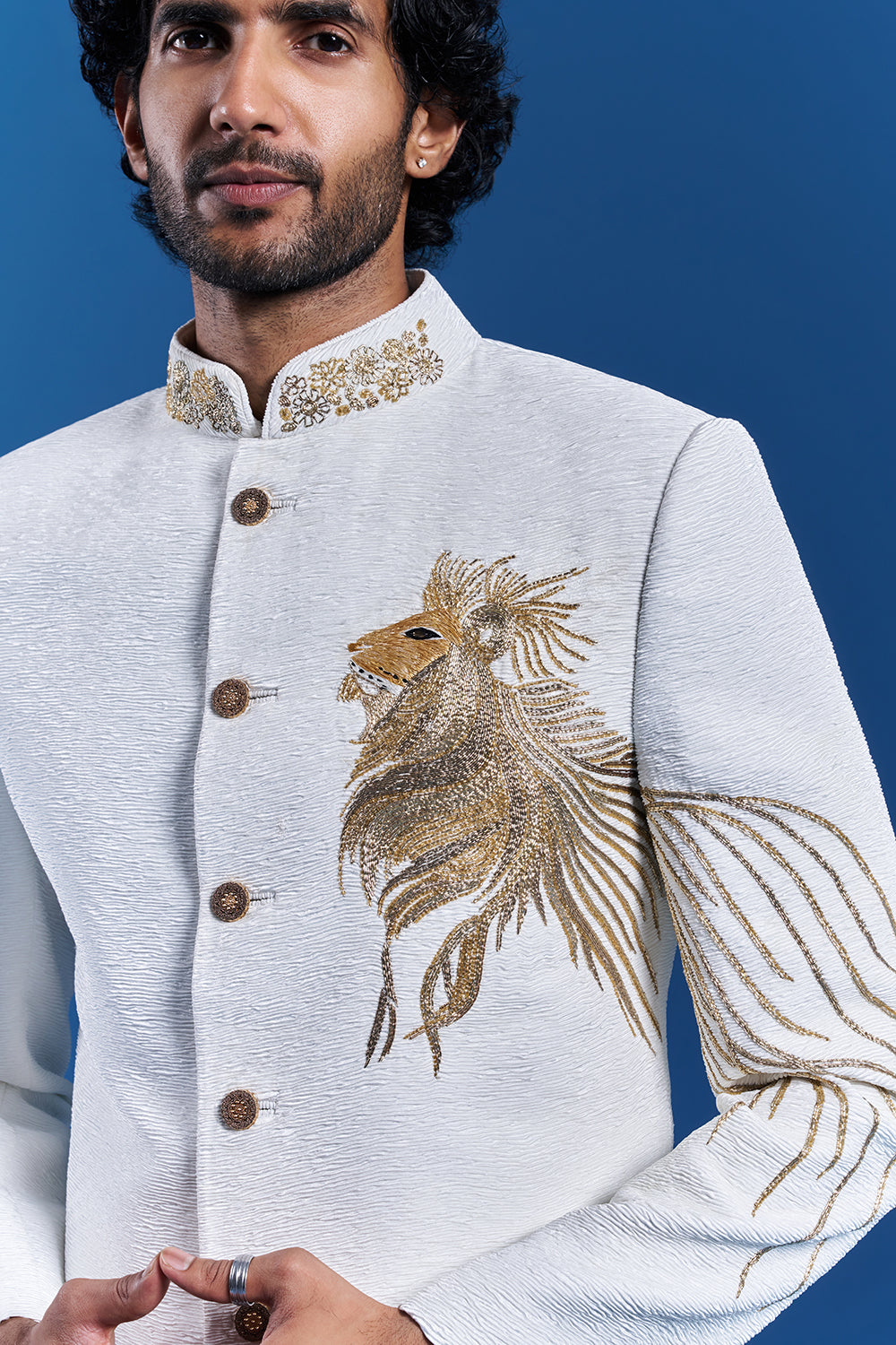 Off-White Satin Lion Embroidered Sherwani Set