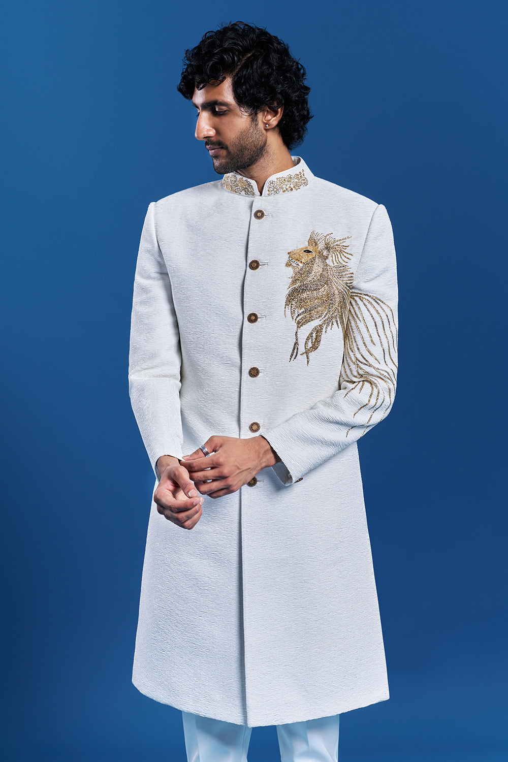 Off-White Satin Lion Embroidered Sherwani Set