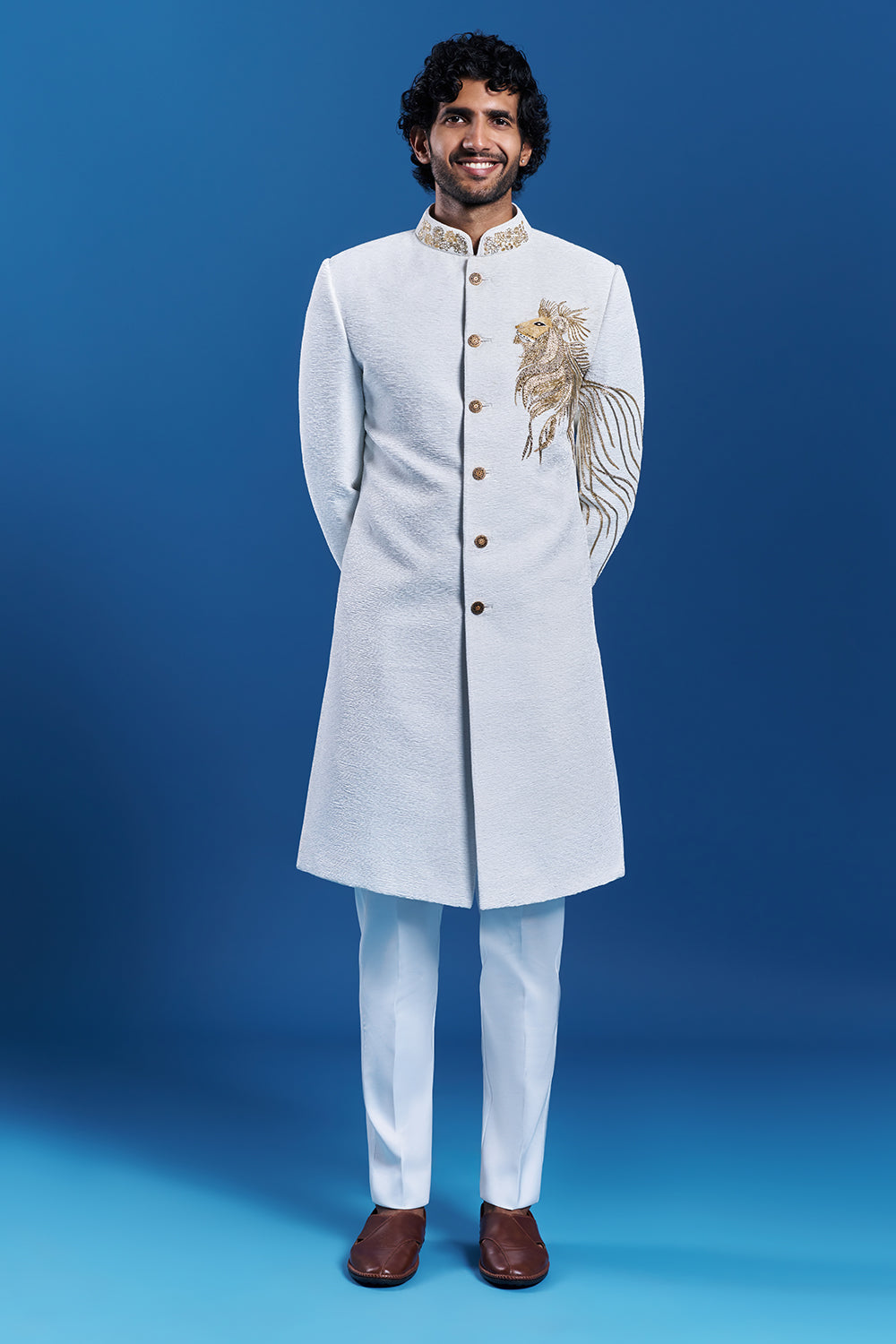 Off-White Satin Lion Embroidered Sherwani Set