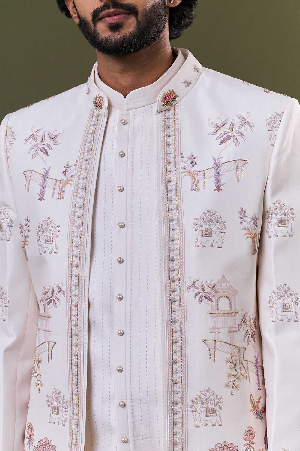 Off White Silk Blend Mughal Garden Printed Jacket Set