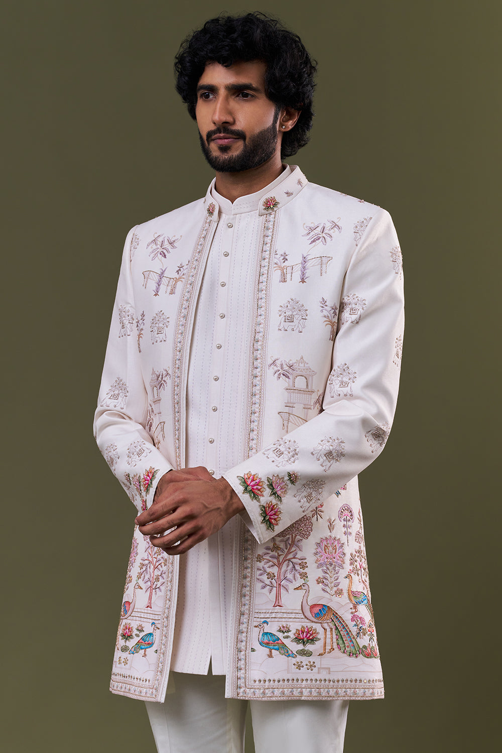 Off White Silk Blend Mughal Garden Printed Jacket Set