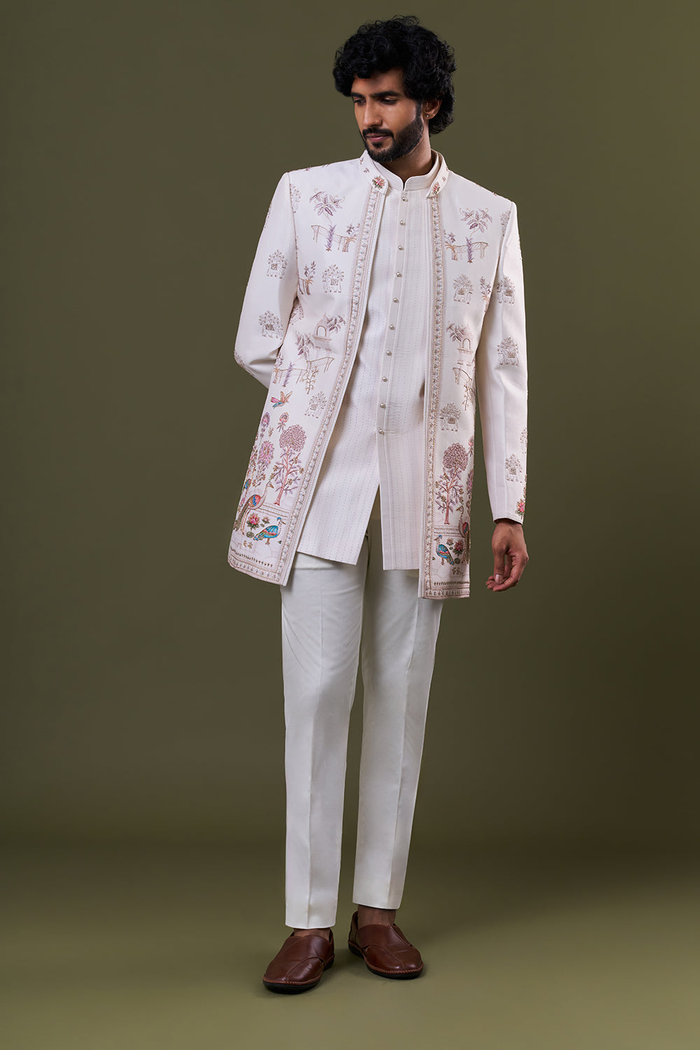 Off White Silk Blend Mughal Garden Printed Jacket Set
