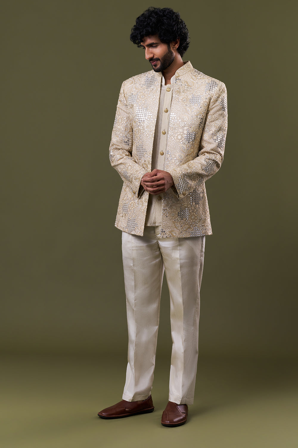 Off White Tissue Silk Mirror Embroidered Kurta with Jacket