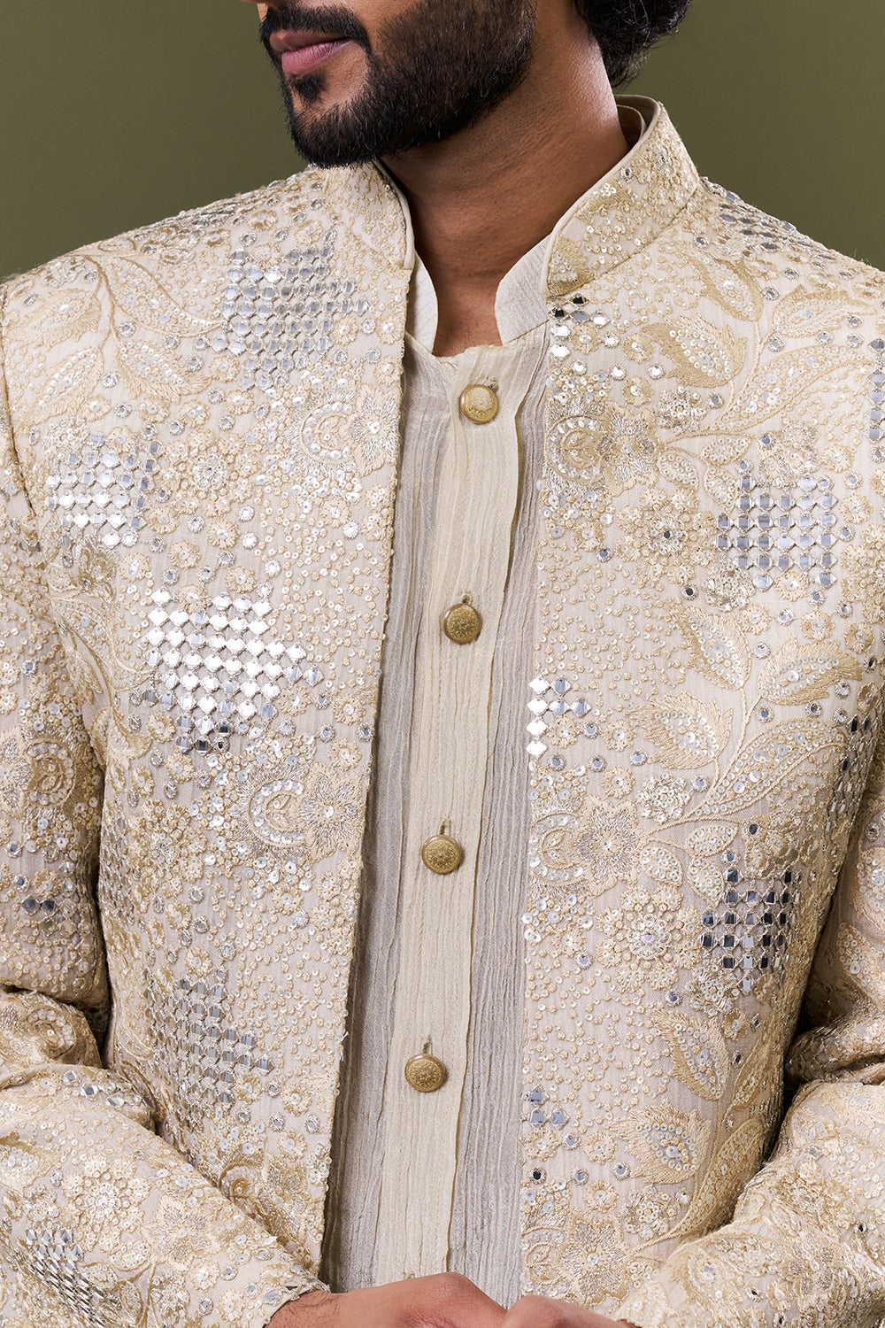Off White Tissue Silk Mirror Embroidered Kurta with Jacket