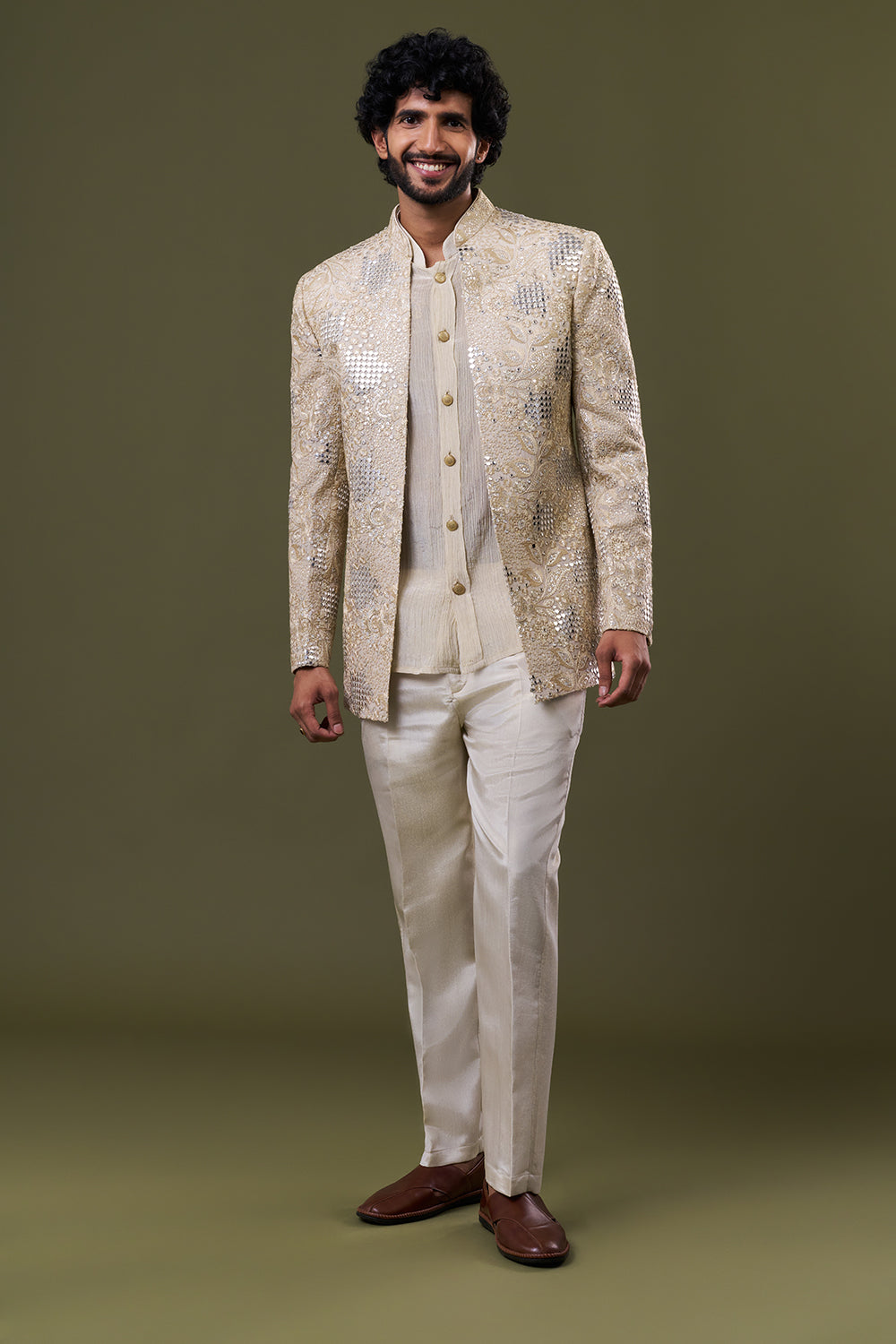 Off White Tissue Silk Mirror Embroidered Kurta with Jacket