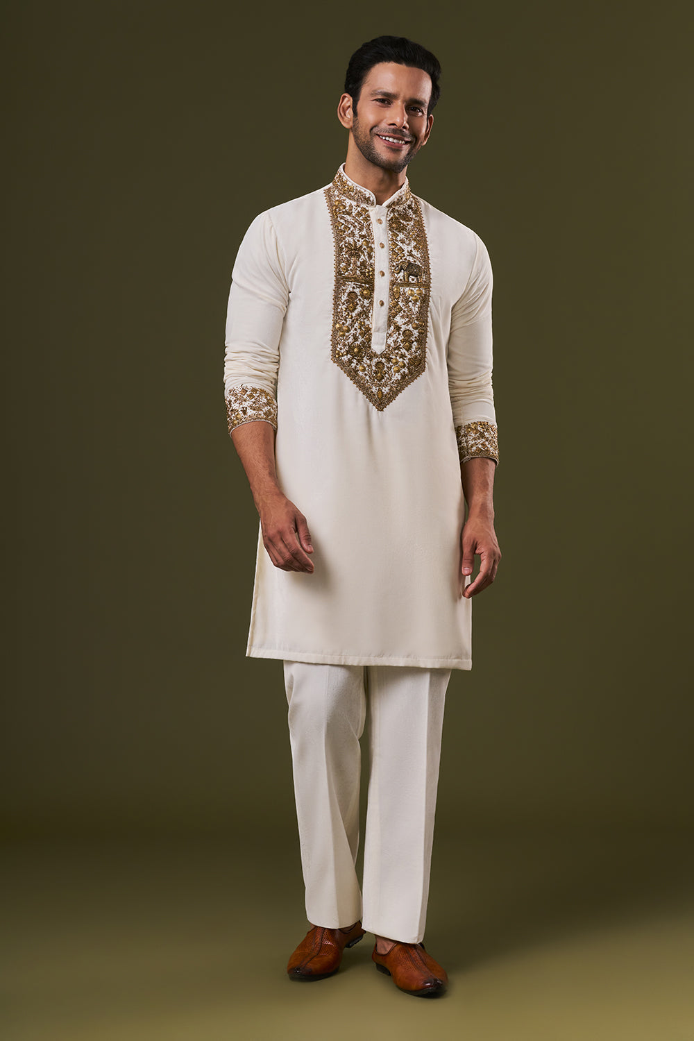 Off White Velvet Mens Kurta Set with Sequins Embroidery