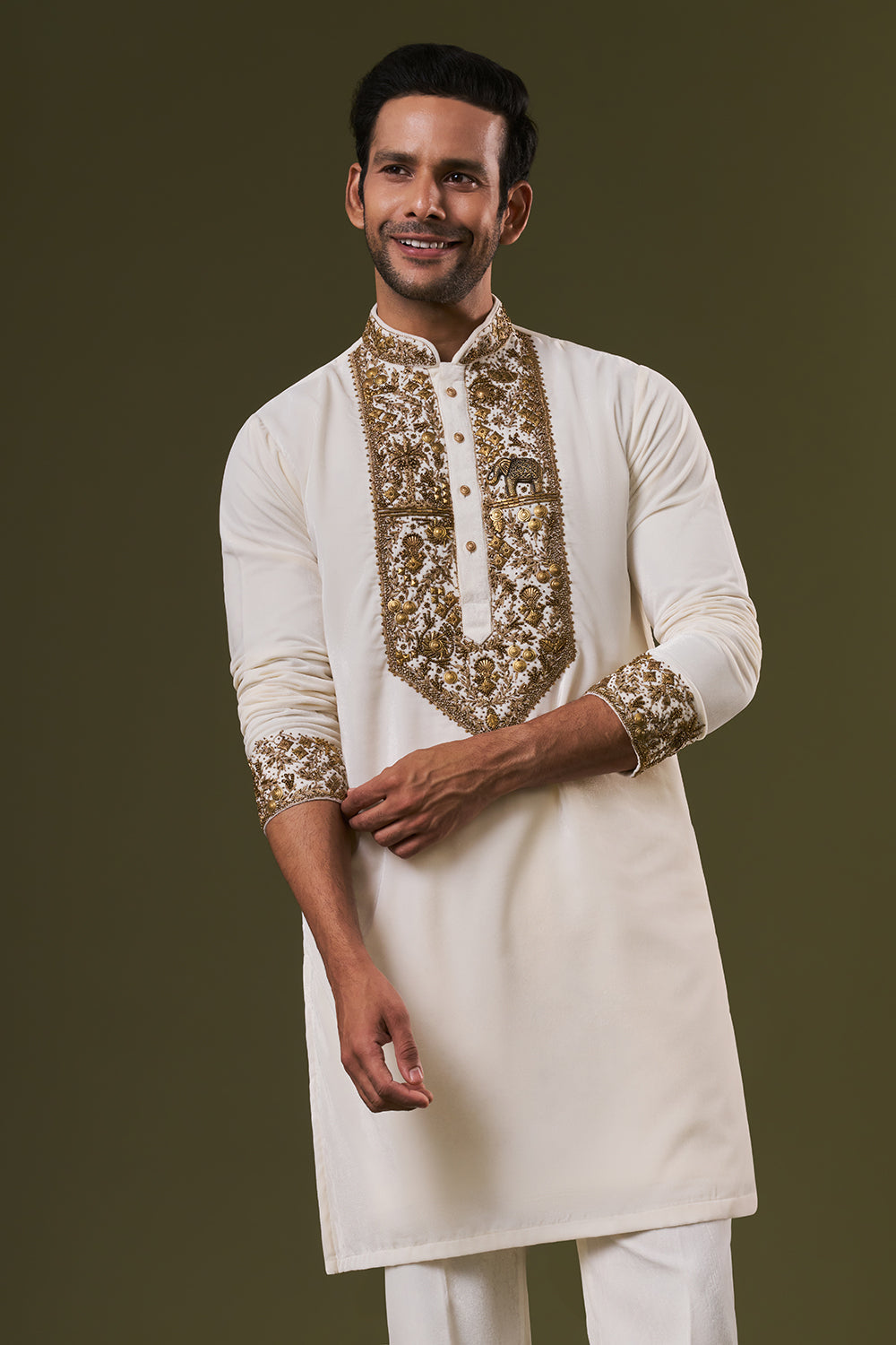Off White Velvet Mens Kurta Set with Sequins Embroidery