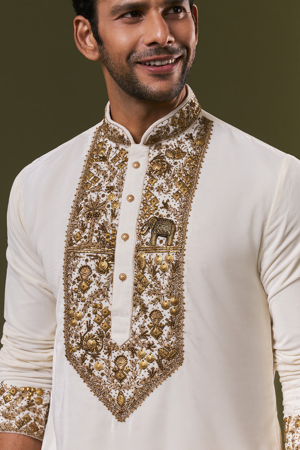 Off White Velvet Mens Kurta Set with Sequins Embroidery