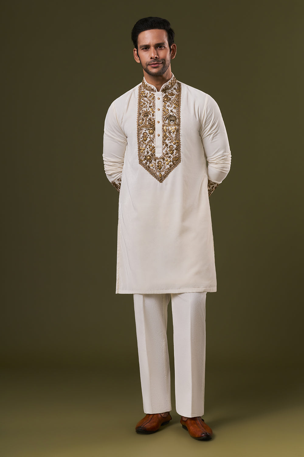 Off White Velvet Mens Kurta Set with Sequins Embroidery