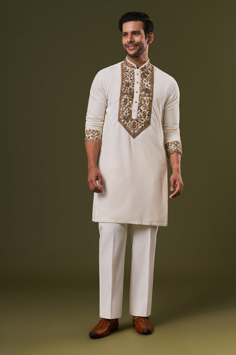 Off White Velvet Mens Kurta Set with Sequins Embroidery