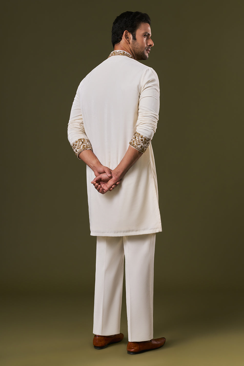 Off White Velvet Mens Kurta Set with Sequins Embroidery