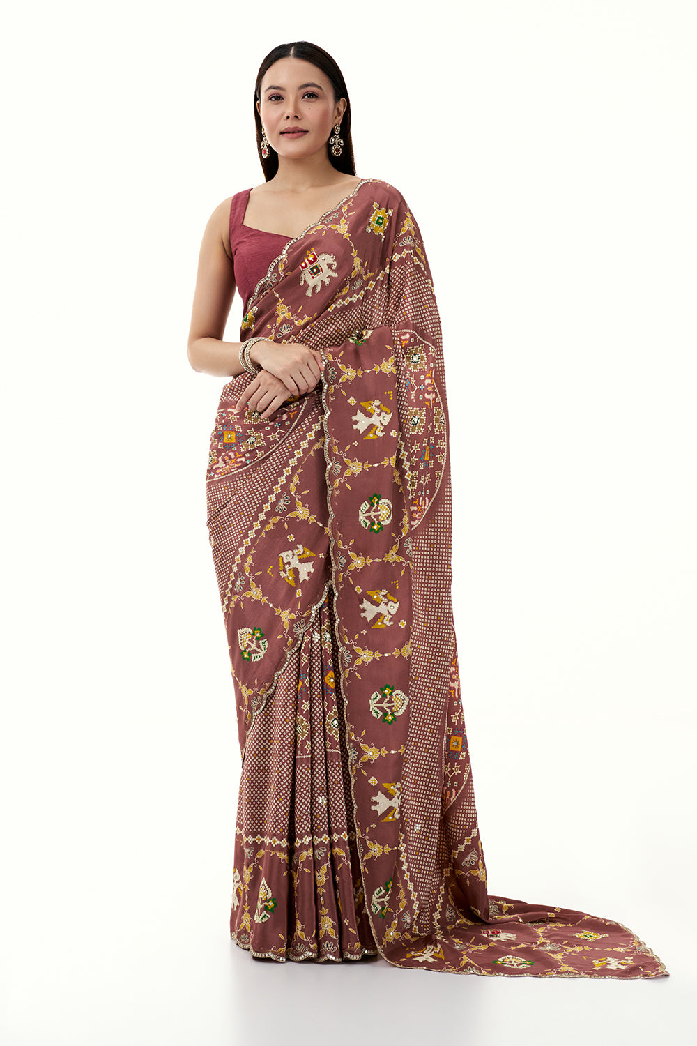 Old Rose Pink Crepe Bandhani and Patola Printed Saree with Mirror Work