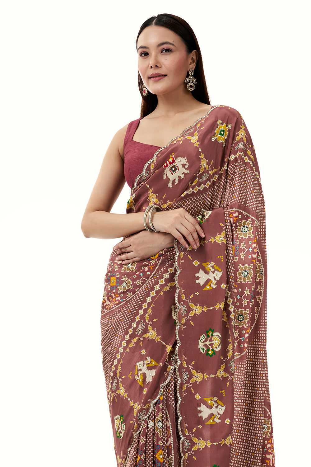 Old Rose Pink Crepe Bandhani and Patola Printed Saree with Mirror Work