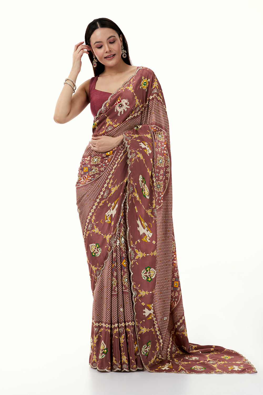 Old Rose Pink Crepe Bandhani and Patola Printed Saree with Mirror Work