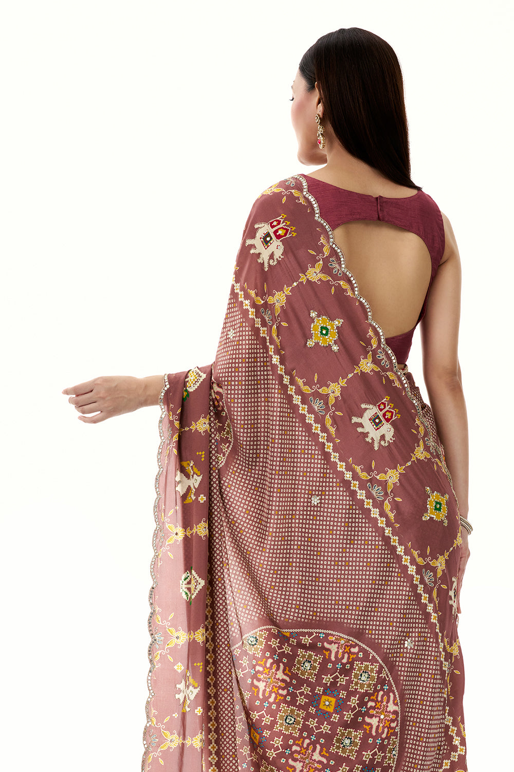 Old Rose Pink Crepe Bandhani and Patola Printed Saree with Mirror Work