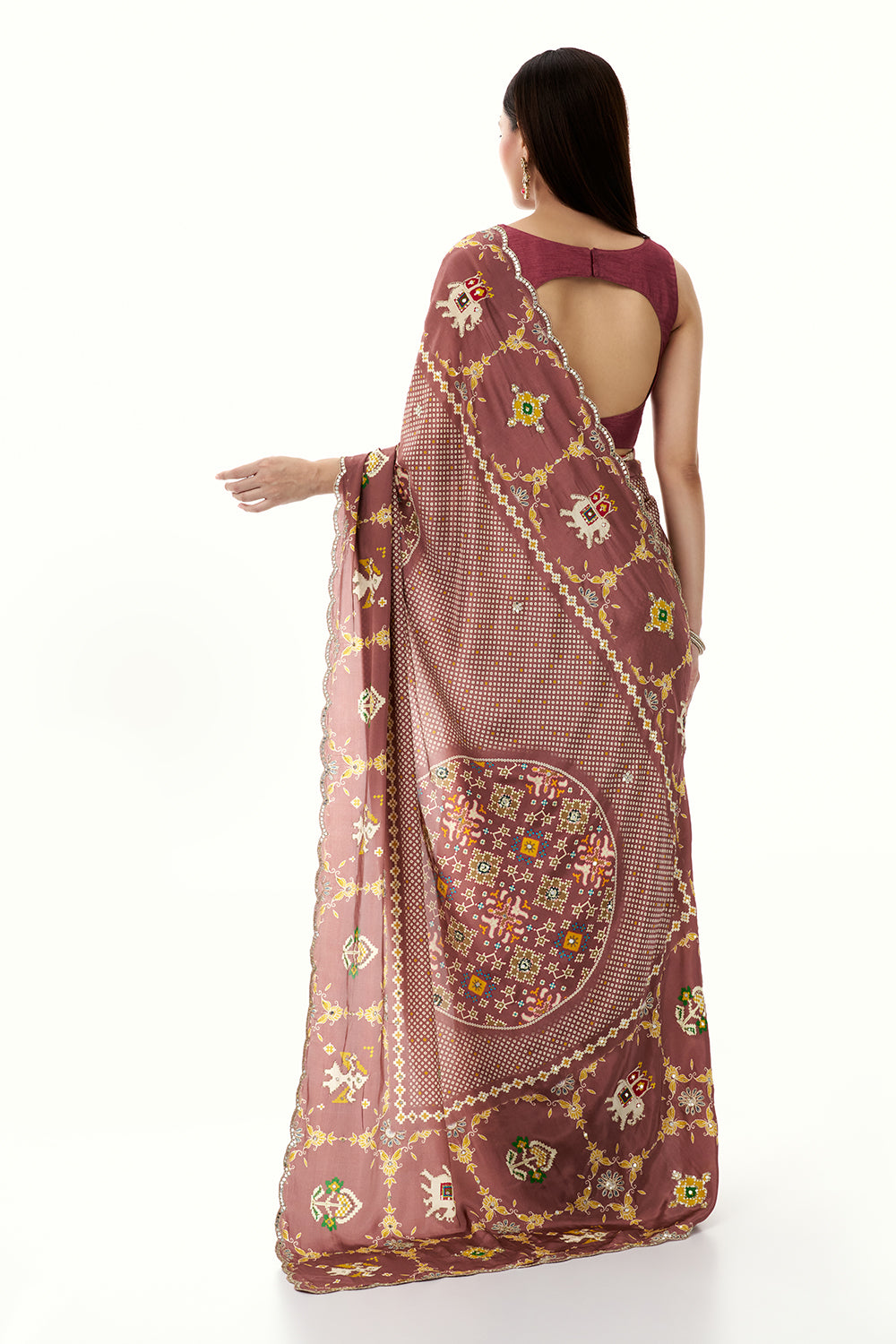 Old Rose Pink Crepe Bandhani and Patola Printed Saree with Mirror Work