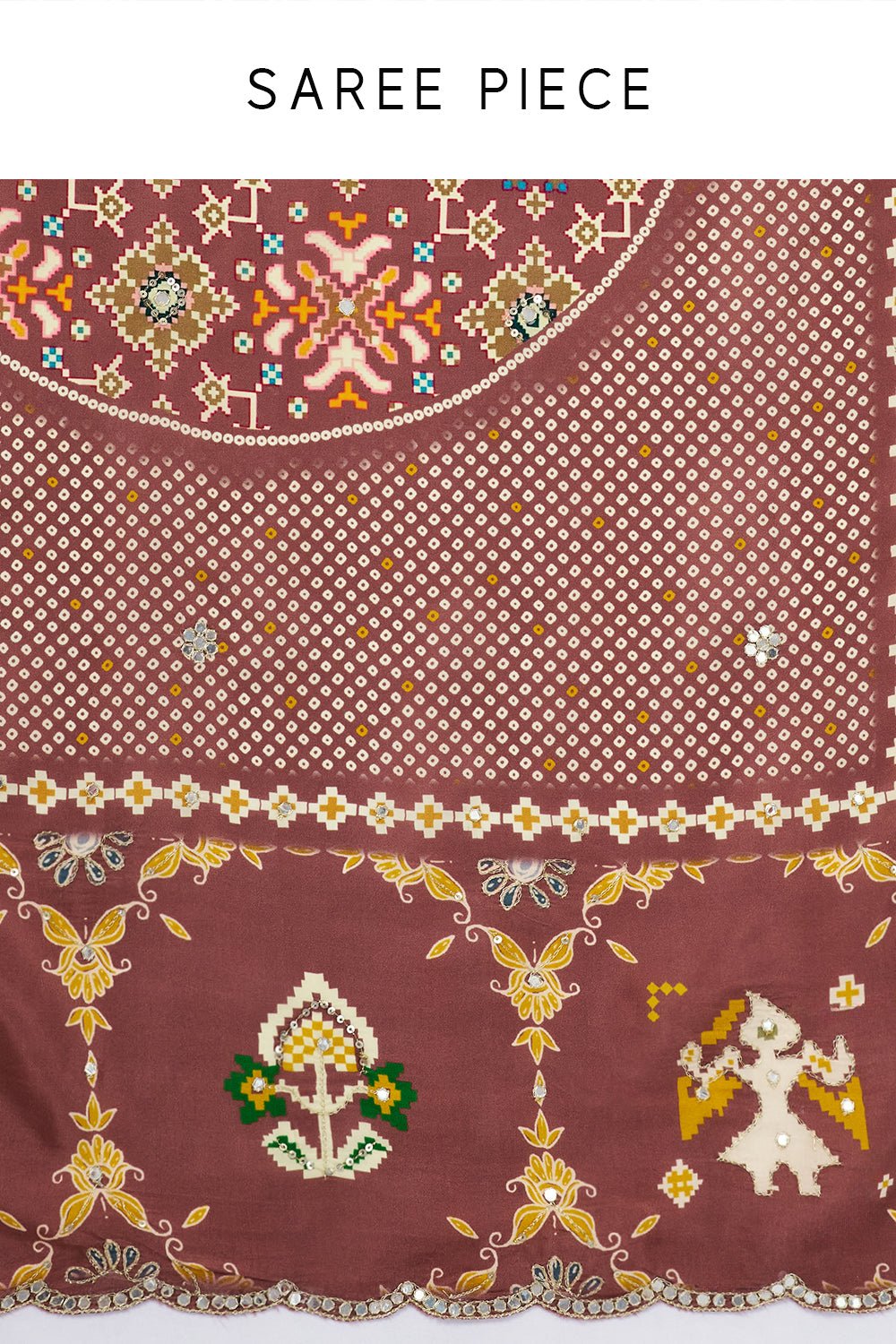 Old Rose Pink Crepe Bandhani and Patola Printed Saree with Mirror Work