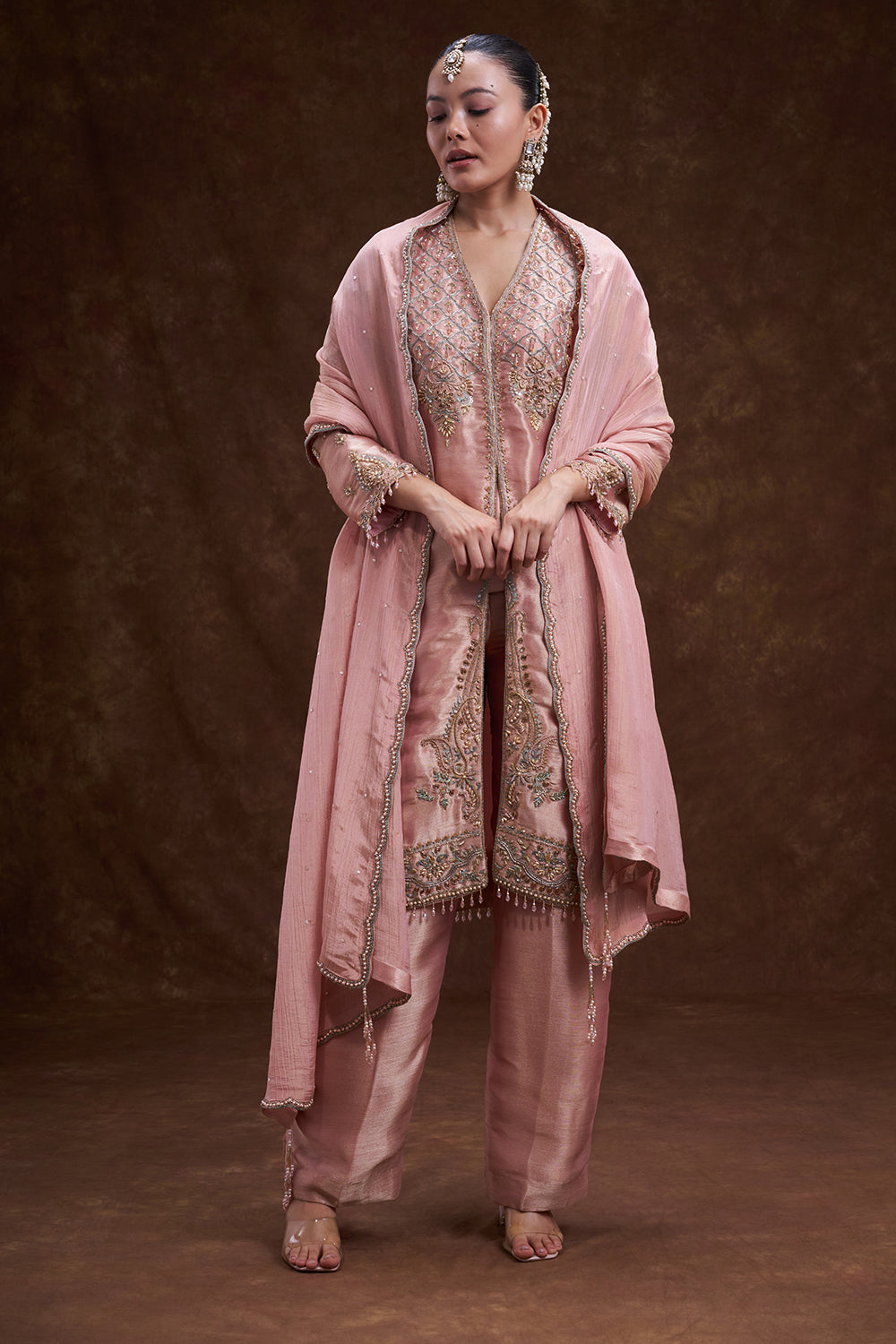 Old Rose Pink Front Open Jacket Set