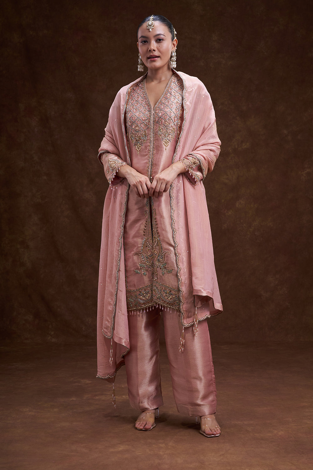 Old Rose Pink Front Open Jacket Set