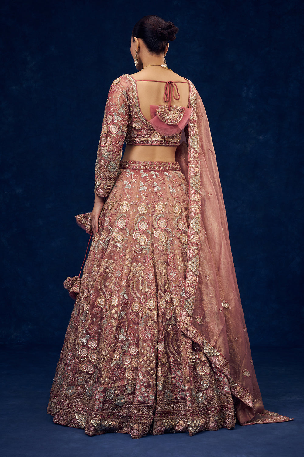 Old Rose Pink Net Lehenga with Cutdana and Resham Handwork
