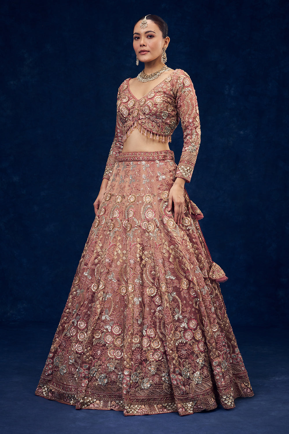 Old Rose Pink Net Lehenga with Cutdana and Resham Handwork