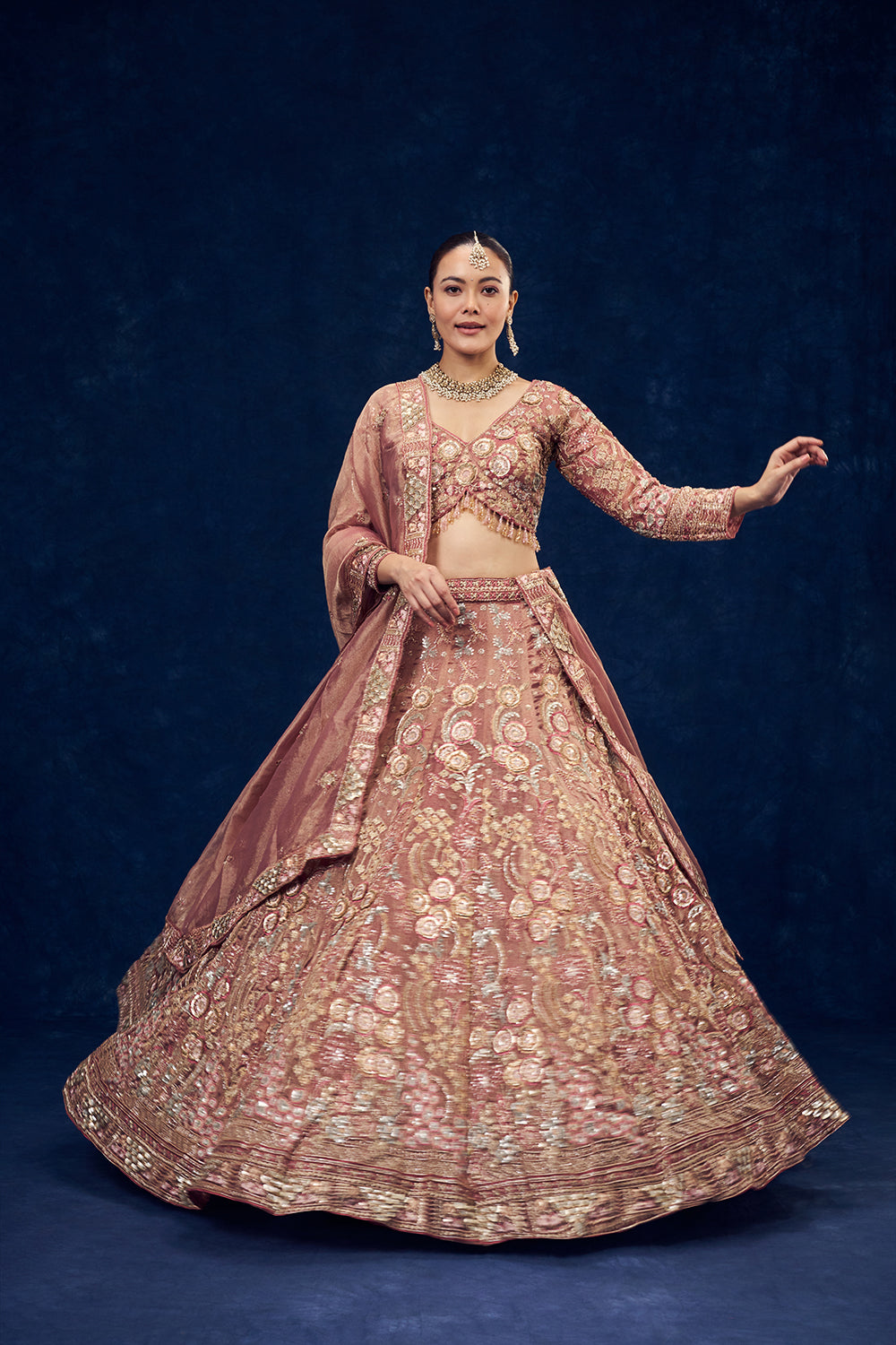 Old Rose Pink Net Lehenga with Cutdana and Resham Handwork