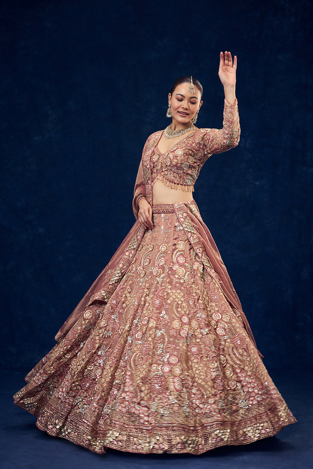 Old Rose Pink Net Lehenga with Cutdana and Resham Handwork