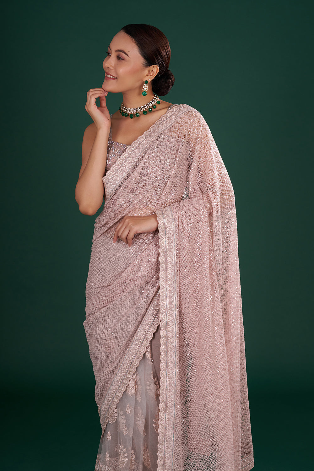 Old Rose Pink Net Saree with Scalloped Border and Resham Embroidery