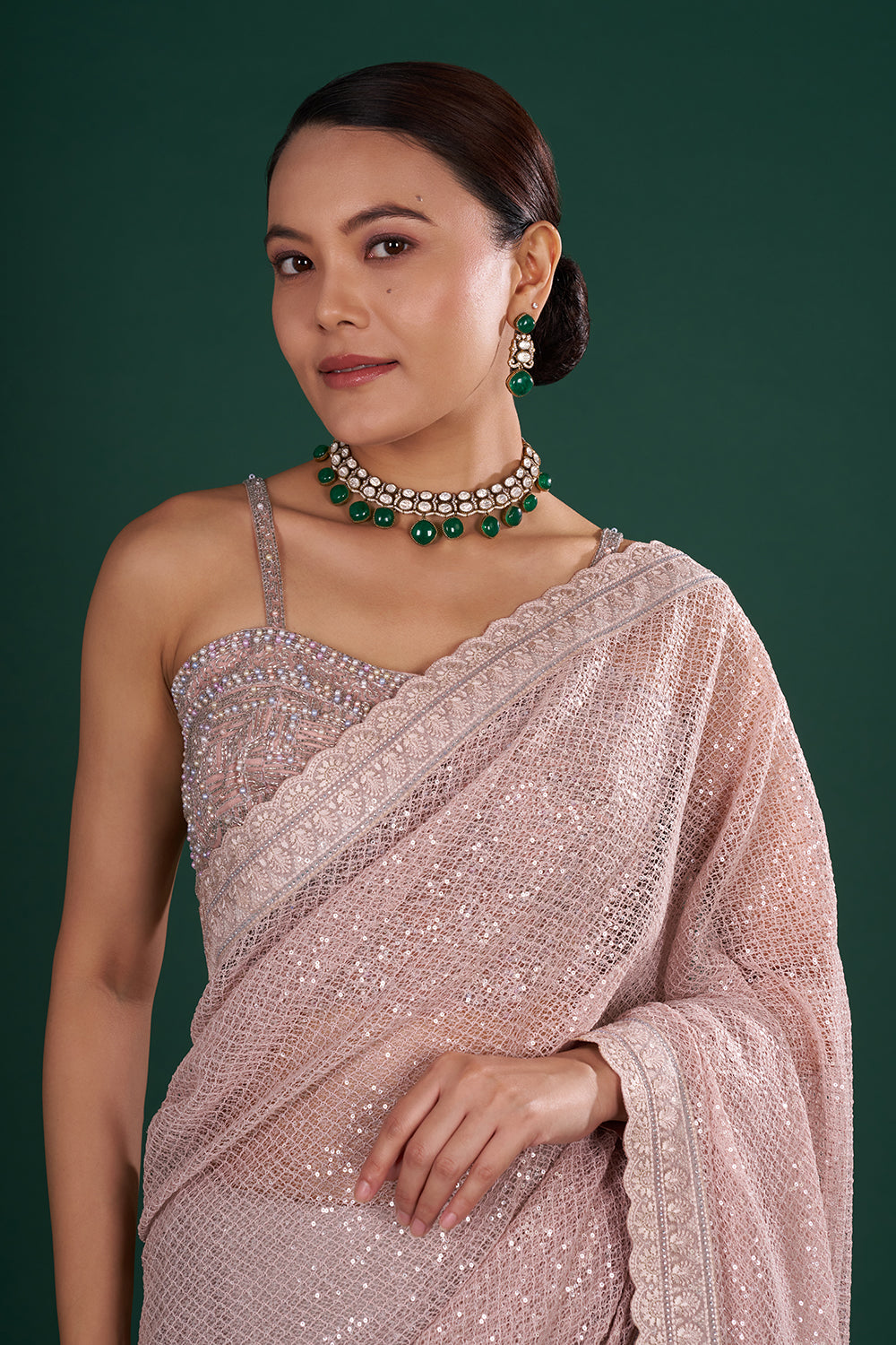 Old Rose Pink Net Saree with Scalloped Border and Resham Embroidery