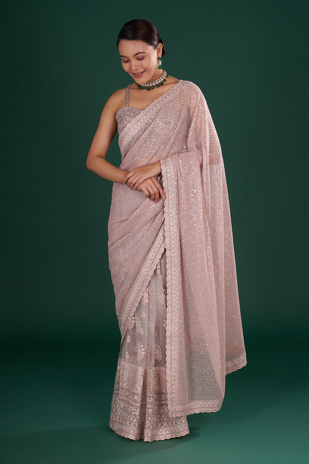 Old Rose Pink Net Saree with Scalloped Border and Resham Embroidery
