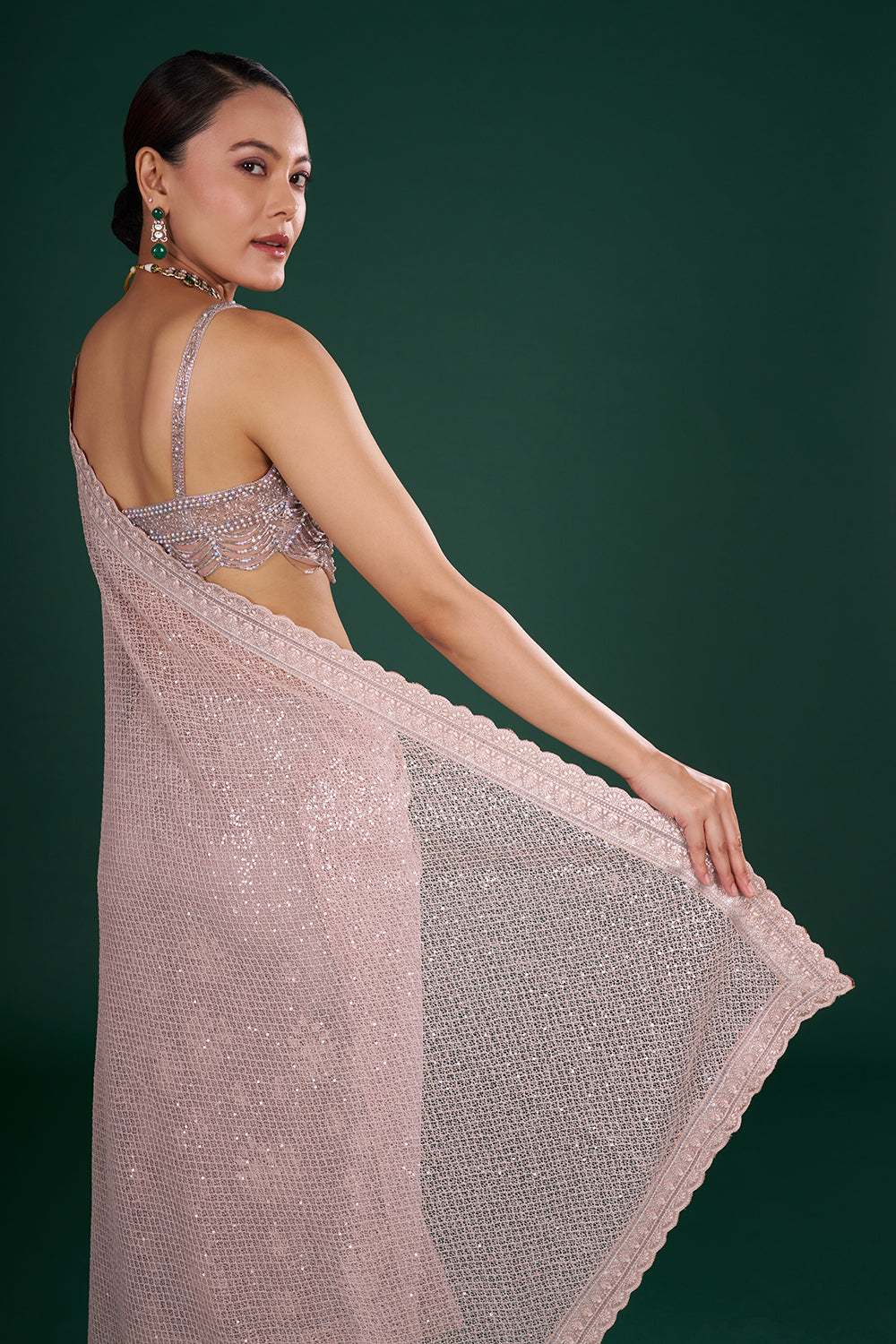 Old Rose Pink Net Saree with Scalloped Border and Resham Embroidery