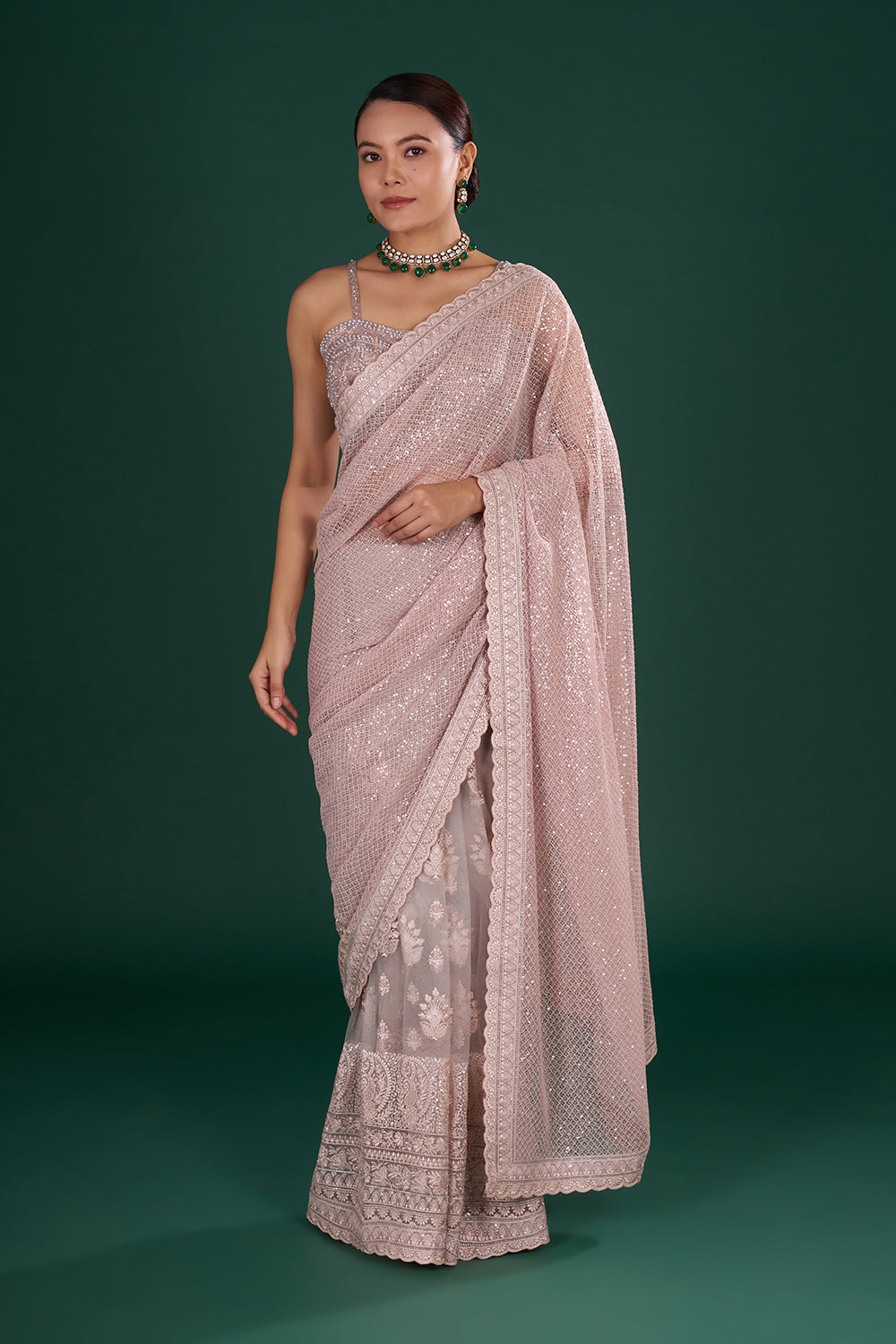 Old Rose Pink Net Saree with Scalloped Border and Resham Embroidery