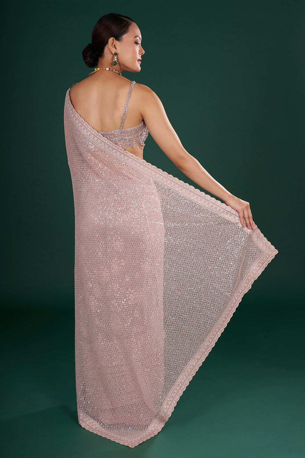 Old Rose Pink Net Saree with Scalloped Border and Resham Embroidery