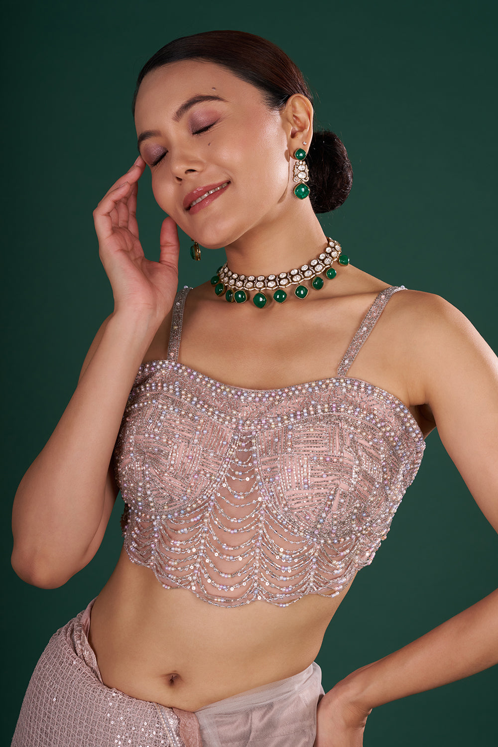 Old Rose Pink Net Saree with Scalloped Border and Resham Embroidery