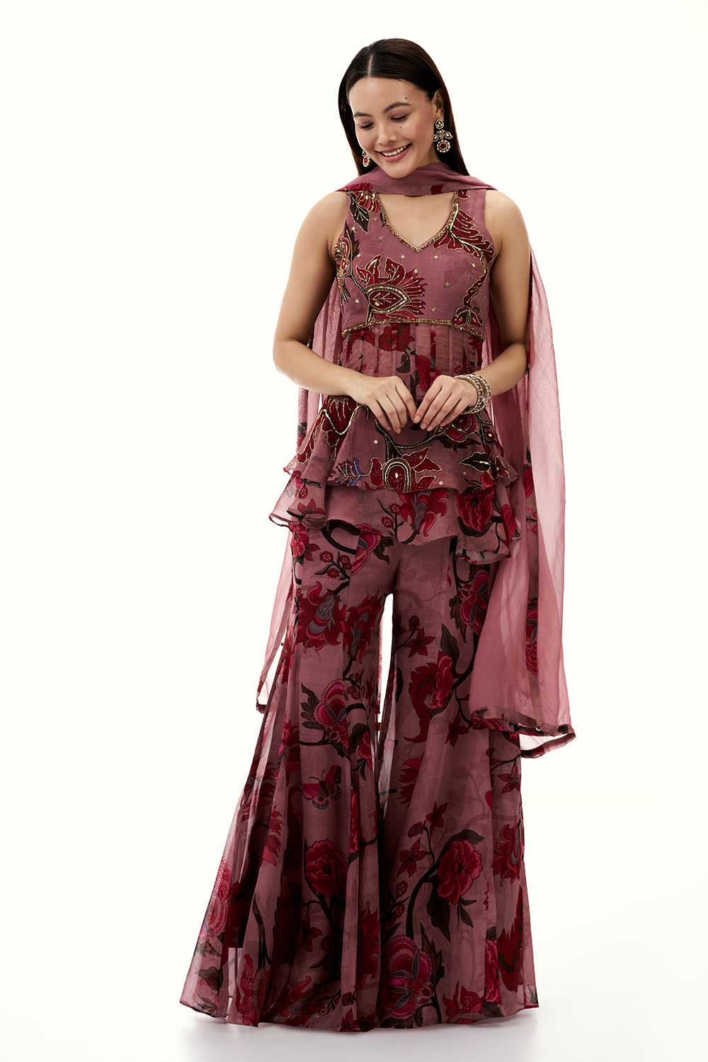 Old Rose Pink Organza Peplum Sharara Suit with Mirror and Cutdana Work