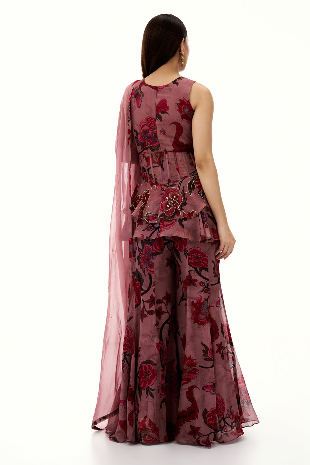 Old Rose Pink Organza Peplum Sharara Suit with Mirror and Cutdana Work